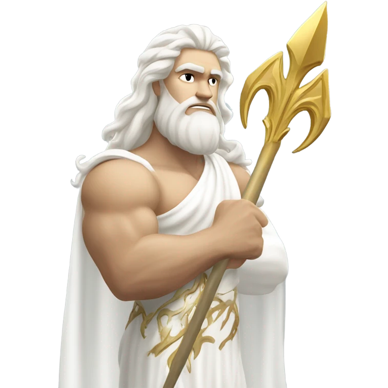 white Poseidon with gold Trident. long white hair white dress. show biceps emoji