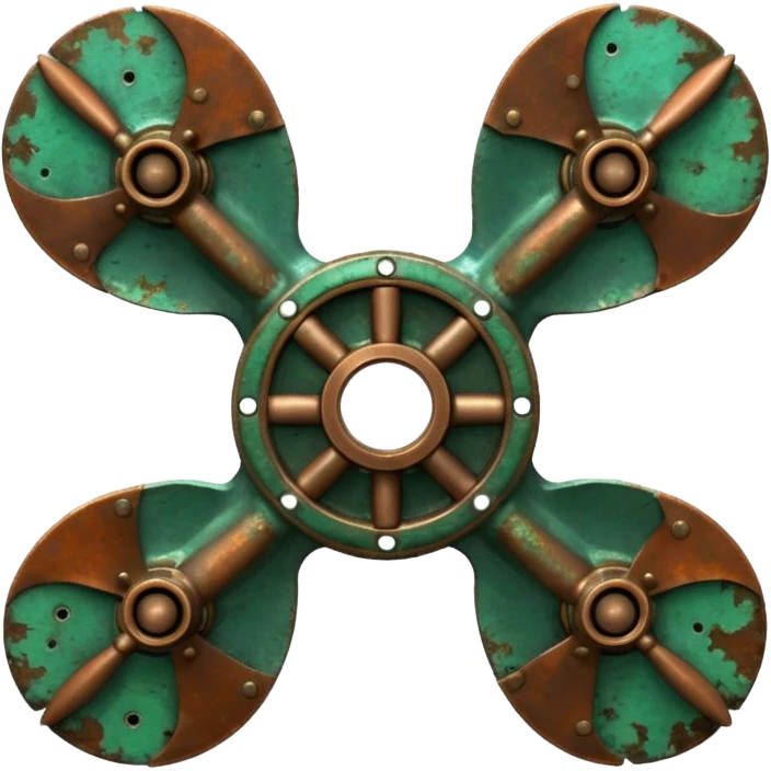 3D render of Ship Propeller, heavily oxidized copper texture, verdigris patina, Bronze blades with green barnacle/rust spots, weathered bronze aesthetic, ancient decay, emoji style, isolated on white background --v 6.0. emoji