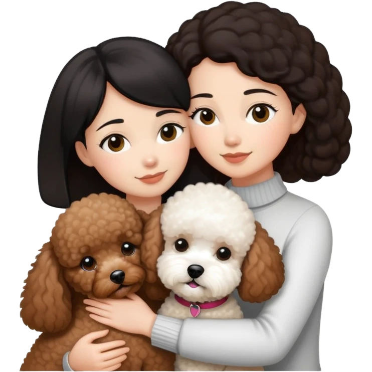 Woman with short black straight hair hugging a brown poodle and a white bichon frise emoji