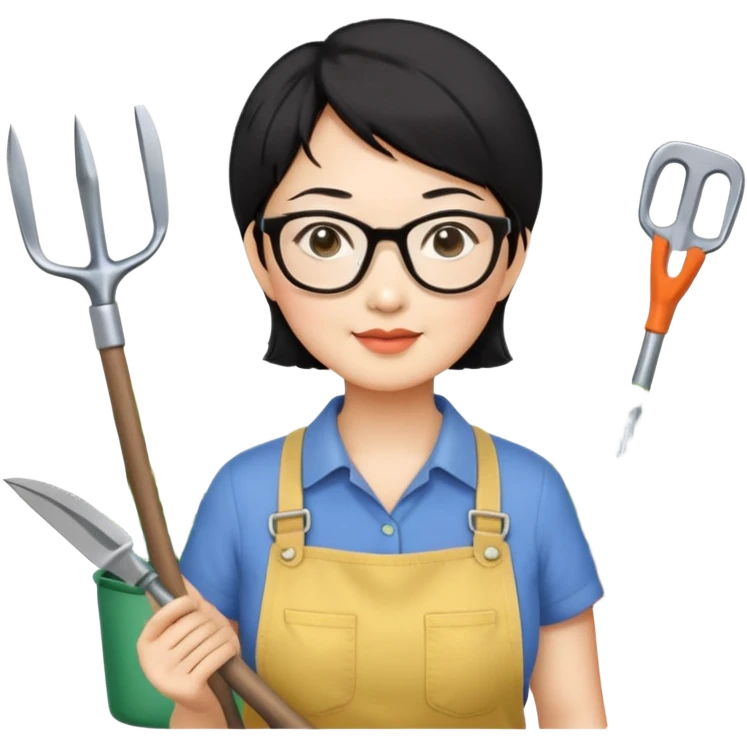 please create an Emojis for an Asian mid-age lady, short black hair, ware glasses, small face, medium size of eyes in black. she loves gardening emoji