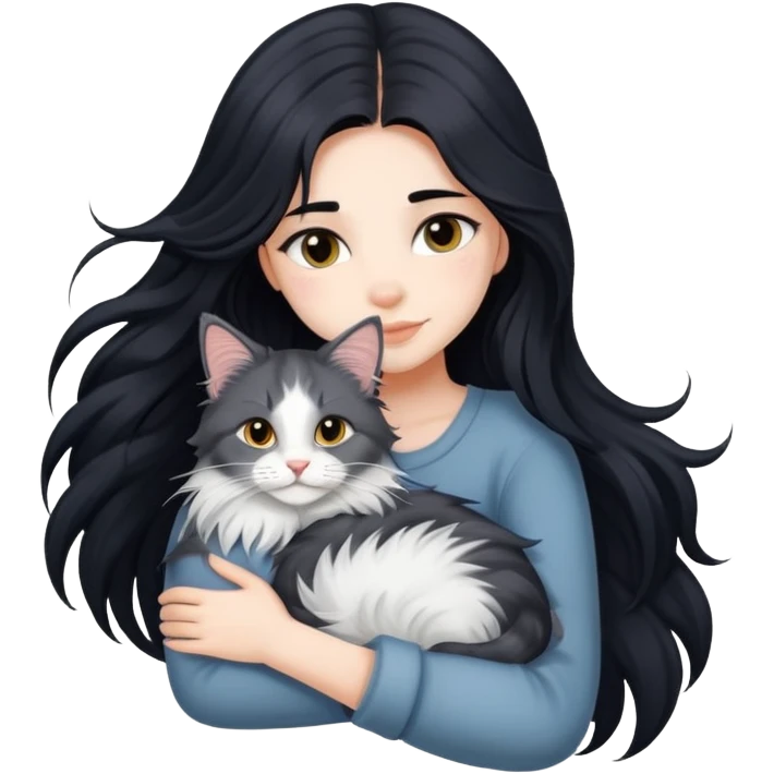 A beautiful girl with fair skin and long black hair hugs a Maine Coon girl emoji