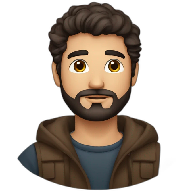 hombre moreno oscuro, fornido, de cabello corto canoso, ojos marrones, cejas pobladas gruesas, barba canosa con sueter emoji