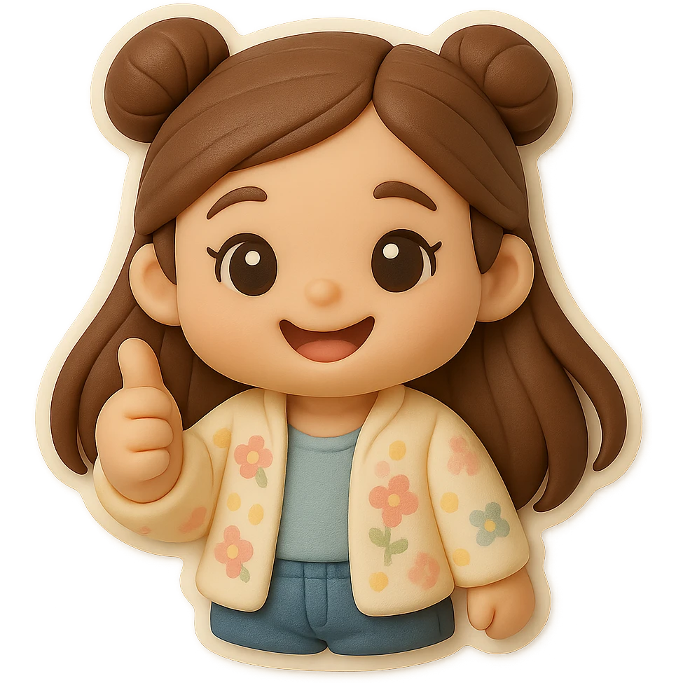 3D chibi fondant cake art style, high-quality rendering with smooth shadows and soft gradients. Girl based on reference image (preserve facial features), long brown hair in two space buns, brown eyes, jeans, pastel floral cardigan, thick white outline like a sticker, transparent background. Thumbs up, happy expression. Make sure her appearance matches previous stickers. emoji