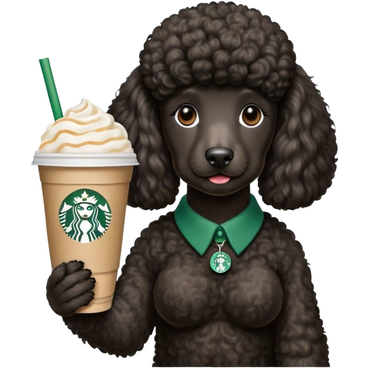 Black standard poodle holding a Starbucks drink emoji