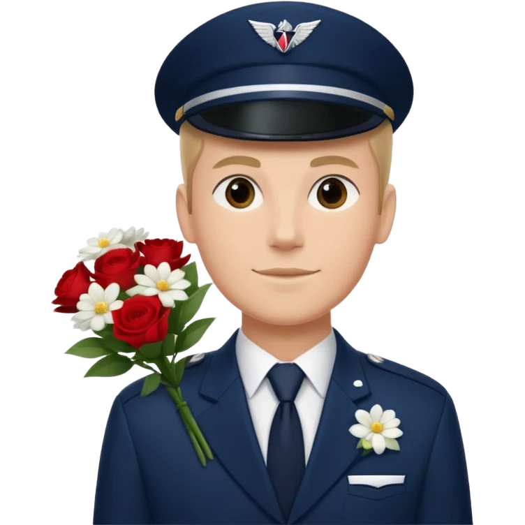 Homme avec bouquet fleurs blanches, avec uniforme bleu foncé cravate rouge comme Air France  emoji