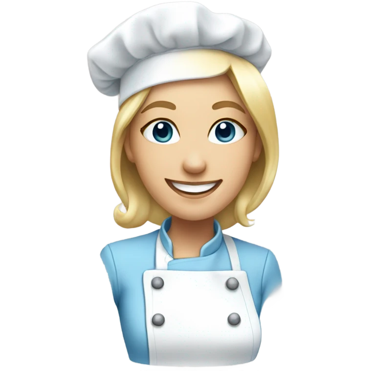 a blonde female chef with a pretty face, smiling, who looks tender but whose uniform contains white and pastel blue tones emoji