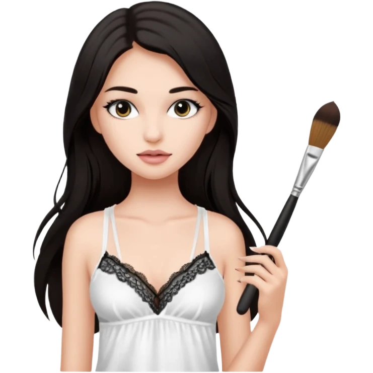 Dark long hair girl wearing white victorias secret sleepwear that looks like a tank top with lace is holding a normal makeup brush. emoji