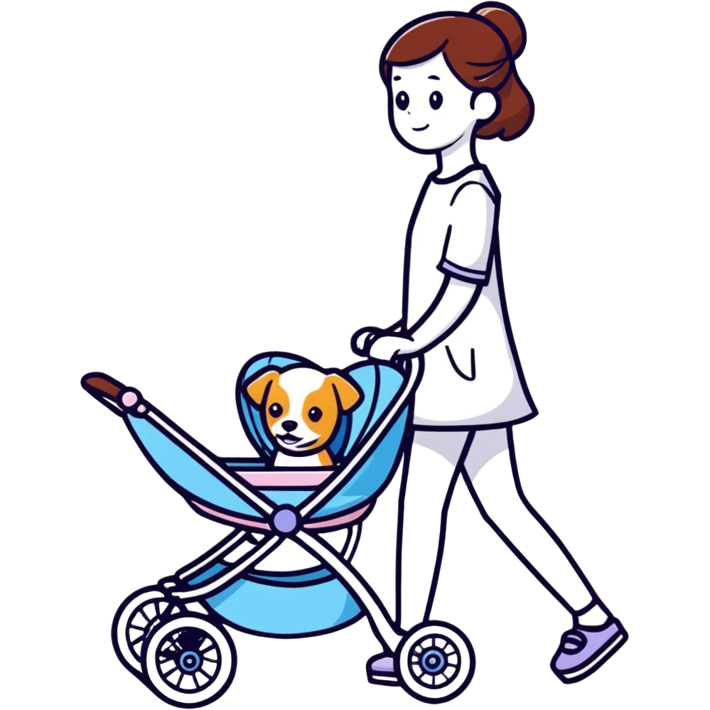 girl walking a dog in a stroller with bold lines emoji