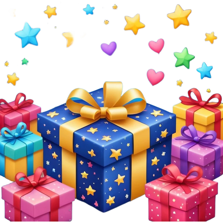 cute gift box with sparkling stars and hearts, smiling wrapping paper, vibrant colors, joyful and romantic mood emoji