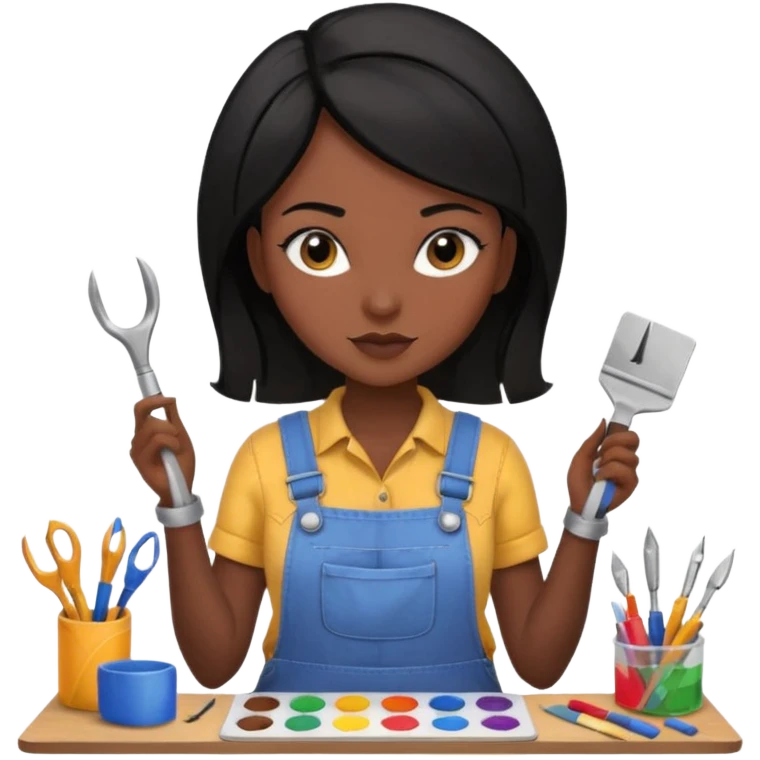 Créame emoji de una mujer que sea diseñadora industrial, pelo negra, piel morena, femenina con overol y una paleta de colores o herramientas de taller piel oscura chocolate  emoji