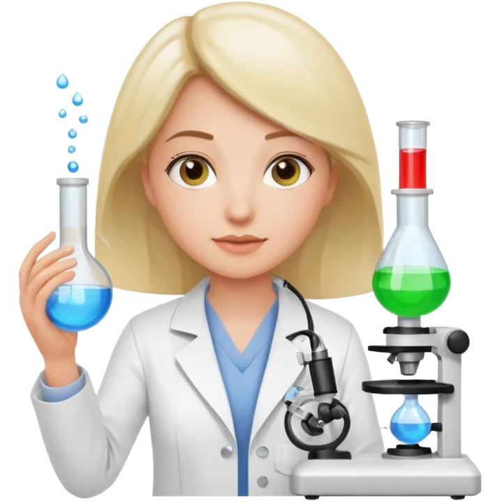 female researcher in a white jacket, displaying lab equipment, innovative tech emoji