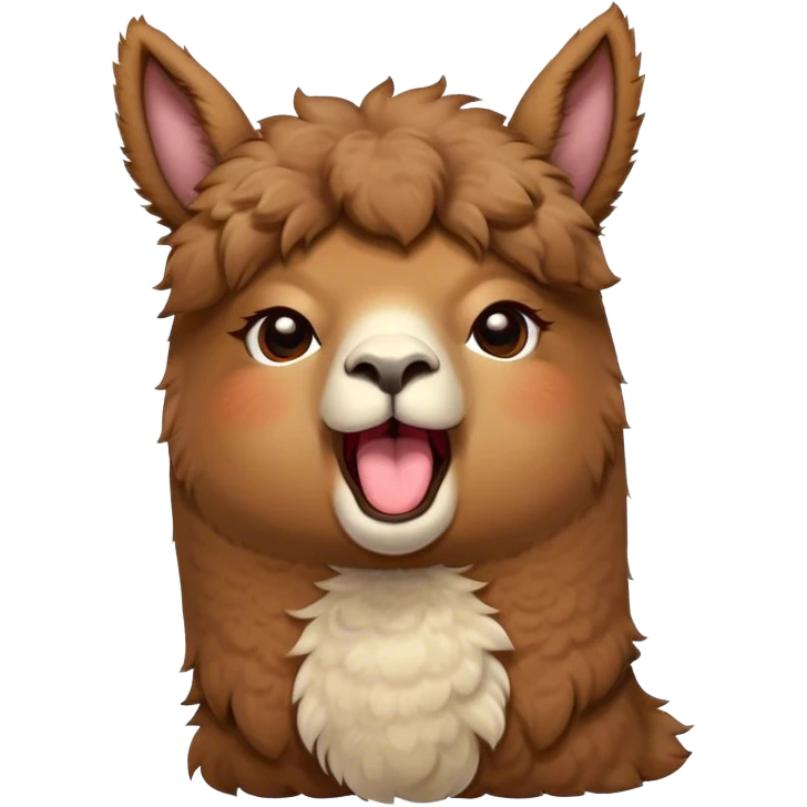 Cinematic Cute Yawning Brown Alpaca Portrait Emoji, Head tilted slightly with a dramatic, wide-open yawn, showcasing a soft, plush brown fleece with gently drooping ears, round warm eyes barely open in drowsy contentment, Simplified yet irresistibly adorable features, highly detailed, glowing with a soft, cozy glow, high shine, relaxed yet expressive, stylized with a touch of whimsy, bright and endearing, soft glowing outline, capturing the essence of a sleepy yet affectionate alpaca, so drowsy it feels like it could stretch out of the screen and curl up for a nap! emoji