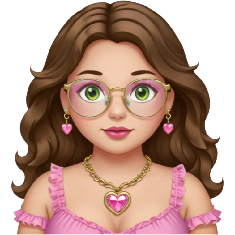 Girl girl with middle parted long wavy brown hair. green gold eyes. Plus size. pink frilly top. gold nose ring. pink heart crystal necklace. Gold rimmed glasses emoji