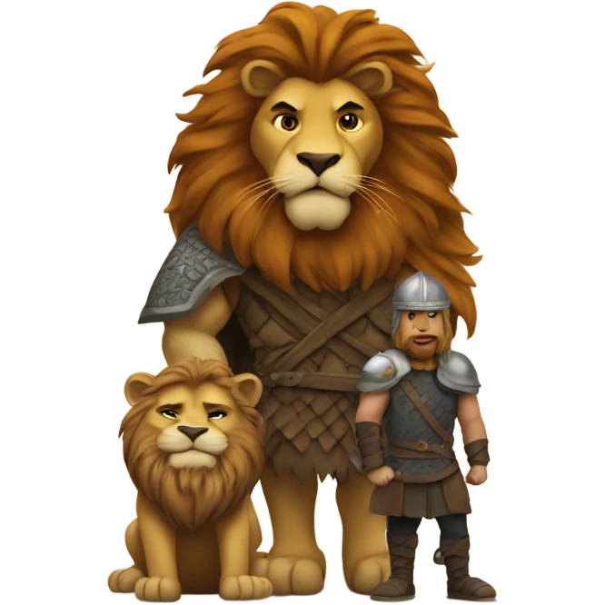 Lion standing on  a man dressed as a Viking  emoji