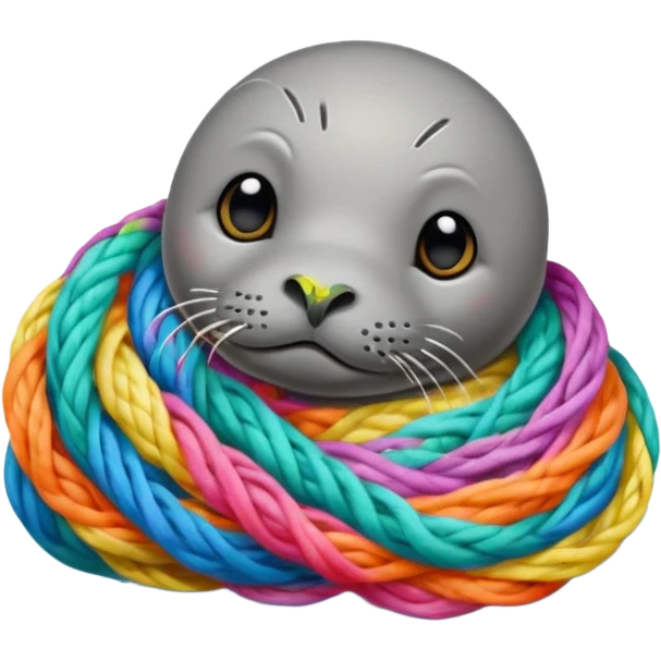 Realistic Seal (That you see his hole body) Stauck with his head in a fishing yarn in the ocean, with much colourful plastic floating around it emoji