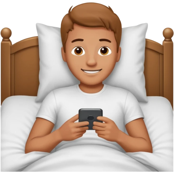 Man emoji lying in bed smiling and looking at his phone emoji