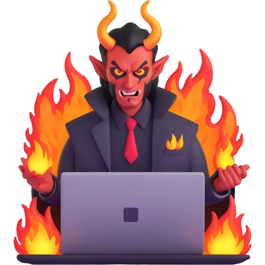 sinister demon salesman with laptop and fire effects emoji