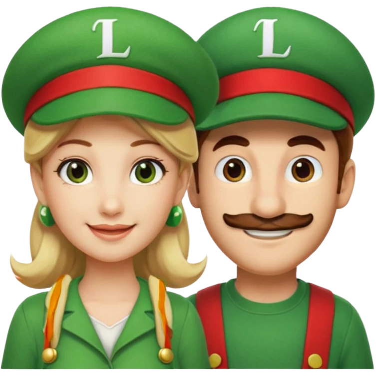 blonde female Luigi (with the Luigi green hat with an L on it) and a normal brown hair male Mario with the red hat with a M on it. They are friends just smiling. This video game emoji