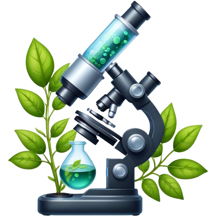 An icon featuring a microscope, a DNA strand, and plant leaves, symbolizing biology. The design includes cells, a test tube with a plant sample, representing life sciences, ecosystems, and the study of organisms. Transparent background highlights the exploration of living systems. emoji