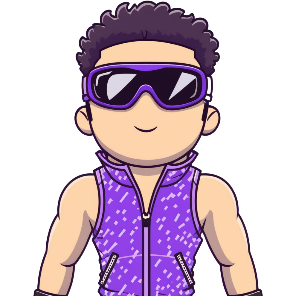 male athlete with white skin and moderately curly black hair on top with shaved sides, wearing ski goggles with purple frames and very dark black lenses, a simple plain black chain necklace, and a completely unzipped sleeveless vest with purple and black sequin fire pattern design with no logo or brand emblem, fully revealing his chest, shoulders and arms, no earrings emoji