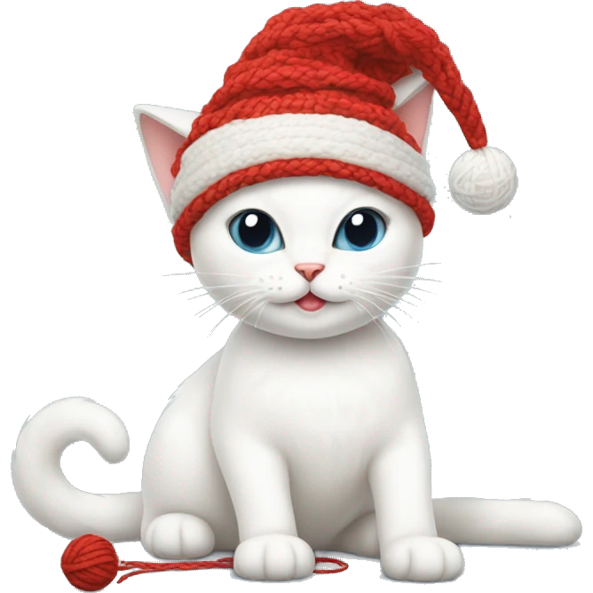white cat wearing a christmas hat playing with a ball of red yarn emoji