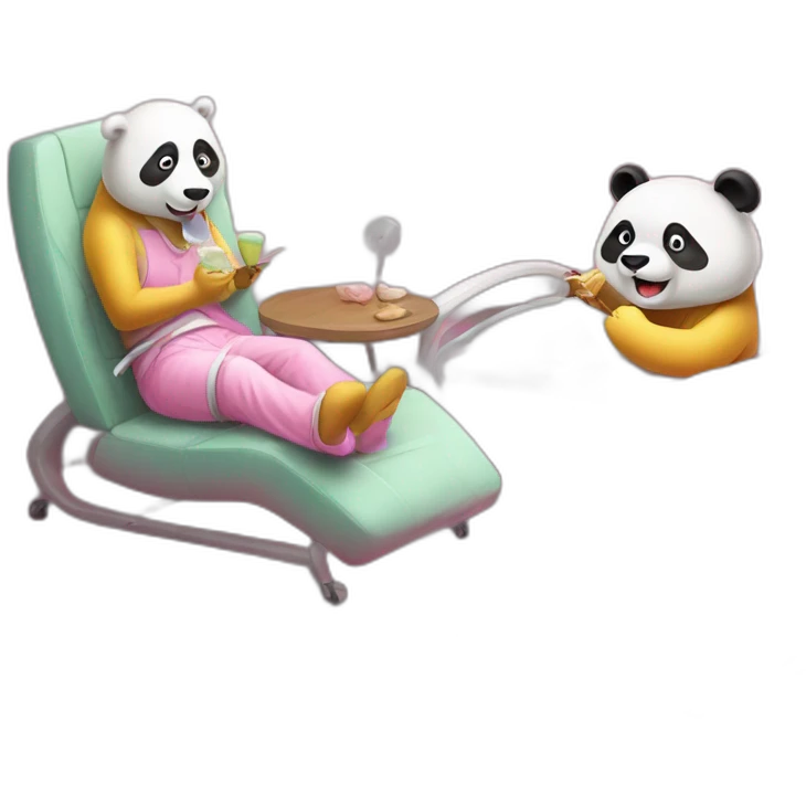 a yellow chinese panda eating icecream in a pink dirty bedroom with a person on a white chair and medical equipment emoji