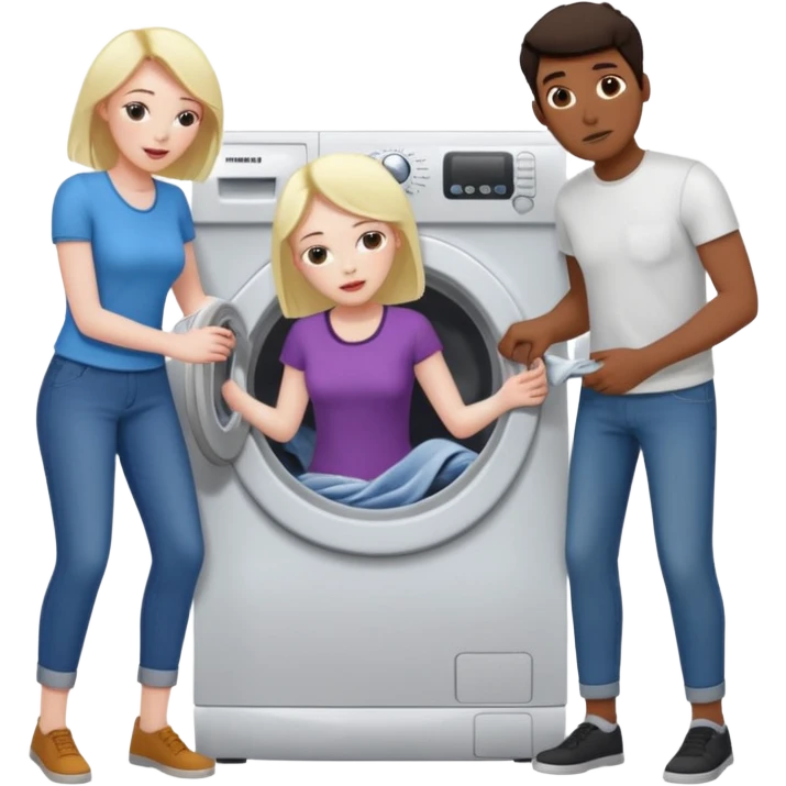 Eine Frau mit dem in der Waschmaschine feststeckt und zwei Männer die hinten an ihr ziehen um ihr zu helfen  emoji