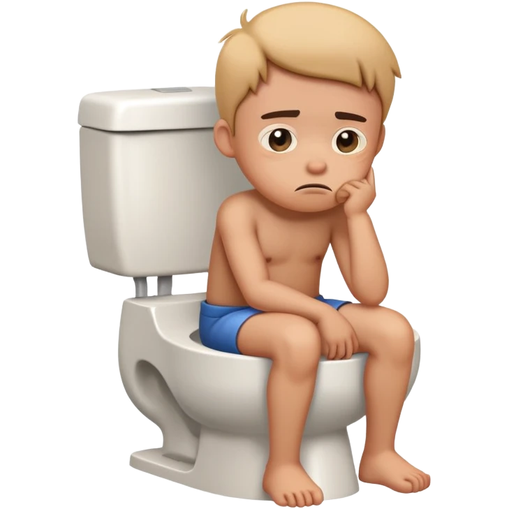 cartoon character with uncomfortable expression sitting on toilet, sad face emoji