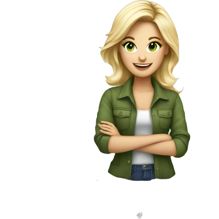 interior designer girl with blond hair to her chest and green eyes, surrounded by her design tools for creating interior design. happy about feedback from clients or talking to a client emoji