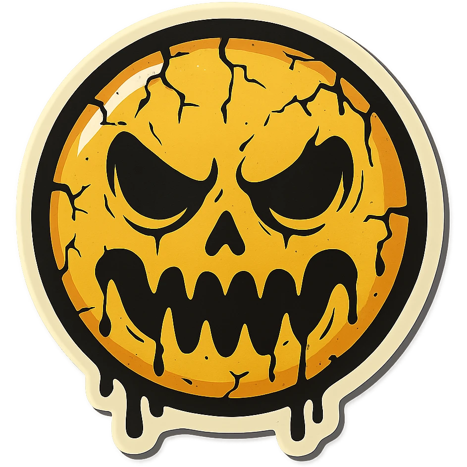 scary emoji with cracks, drips and chips, retro stickers style, sharp black outlines, clear shadows and highlights, no gradients emoji