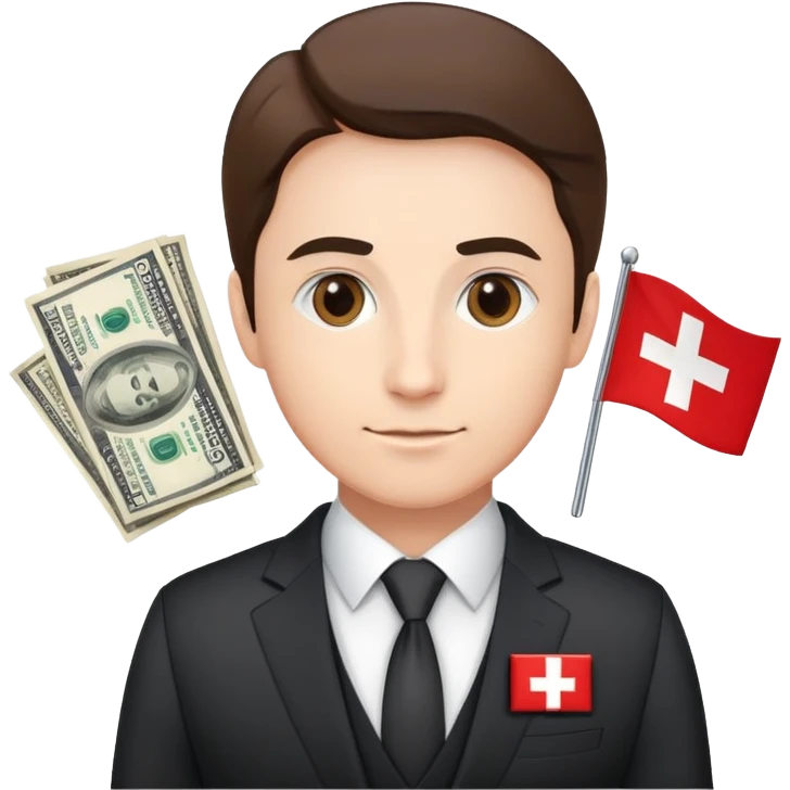 Swiss financial expert with business suit, Swiss flag pin, charts and money emoji