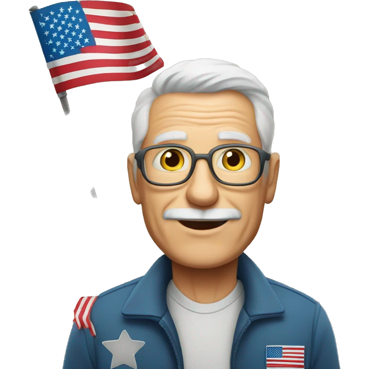 brwon haired older man holding small american flag SENSOS written on wall behind him emoji