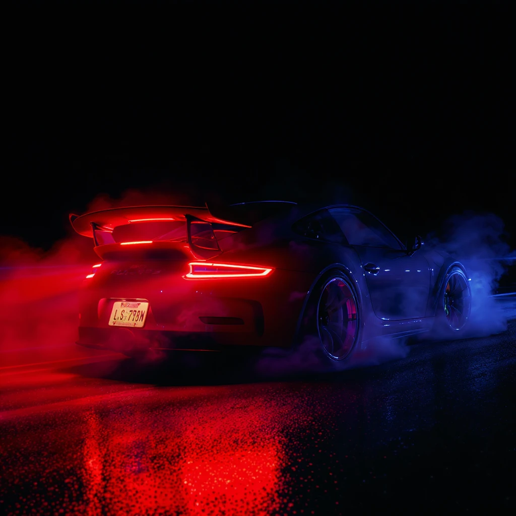 Shot and Directed by Quentin Tarantino, Cinematic still of a porsche 911, gt3 rs, night photo, red lights and blue bright night  emoji