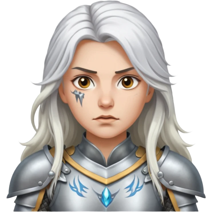 White Long Haired Women, Warrior woman — silver armor, piercing gaze emoji