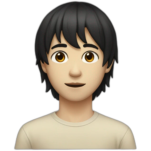 realistic teenager with white skin.  he has very black hair.  He has bangs to the right, his eyes are black, he also has a beige T-shirt, he is tall, he has an elongated neck and head emoji