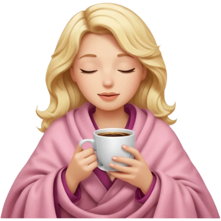 Wavy blonde hairy lady inside a soft pink blancket siping coffe with eyes closed emoji