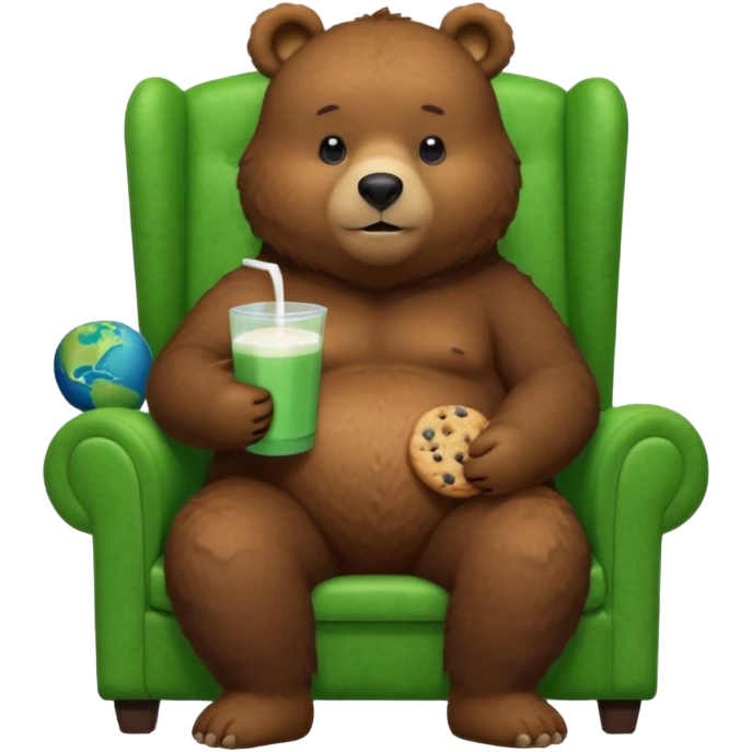 Chubby furry large brown bear sitting on a earth green chair that is way too small for him, eatting cookies and milk, 4k, dpi 300. Must not be low resolution, must not be poor quailty, must be colorful, must not have any emoji faces, no emoji icons. emoji
