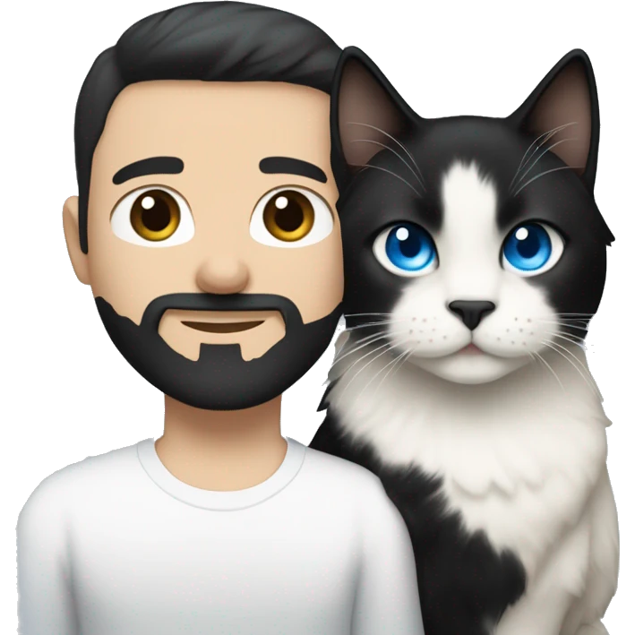 A guy with a black earing and black short hair and black beard and holding a all white Siberian cat with blue eyes  emoji