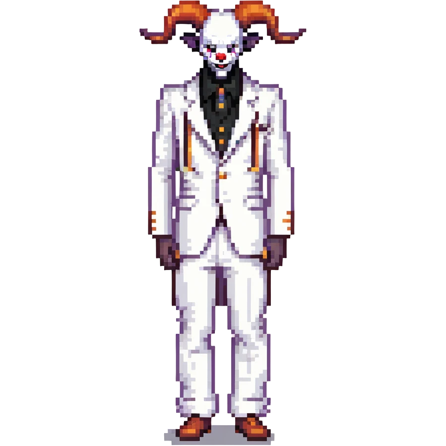 full-body demonic clown in a white leisure suit with bellbottom pants, bald, with black ram horns, wearing elevator shoes emoji