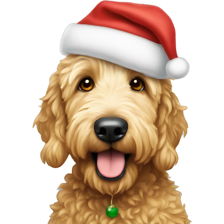 Golden Doodle wearing santa hat emoji