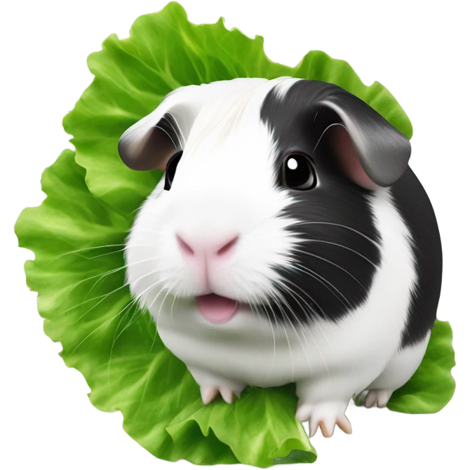 White and black guinea pig eating lettuce emoji