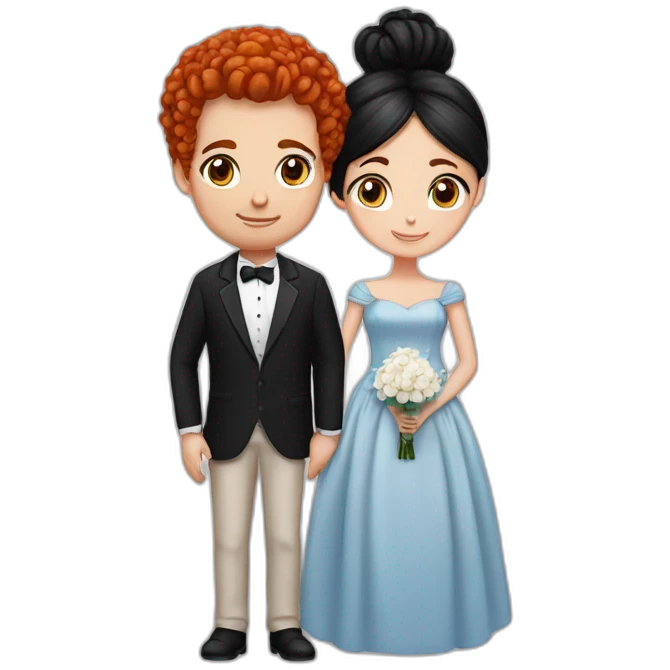 Red hair girl with blue eyes marrying a man with black hair bun emoji