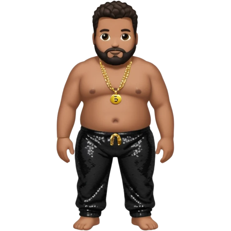 Fatman Scoop with dark brown hair, black sequin baggy pants, shirtless with necklace emoji