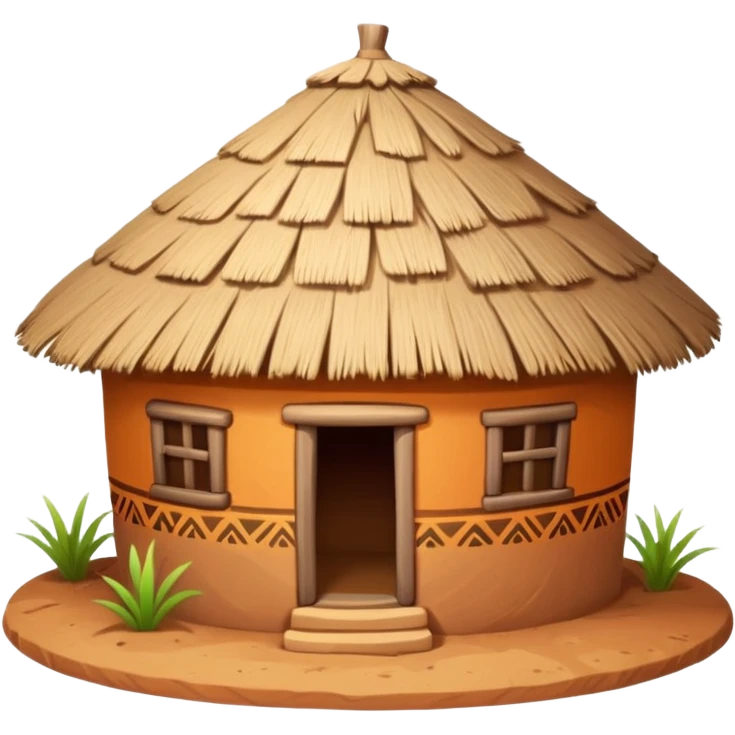 African mud hut tribal house, round adobe clay house, thatched roof, warm sunlight, colorful tribal patterns, cute mobile game icon, 3D cartoon, high detail, clean background emoji