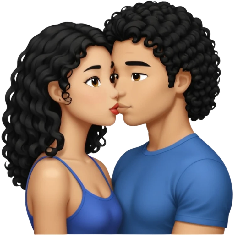 a strong man with short STRAIGHT black hair kissing a shorter girl with long black curly hair emoji