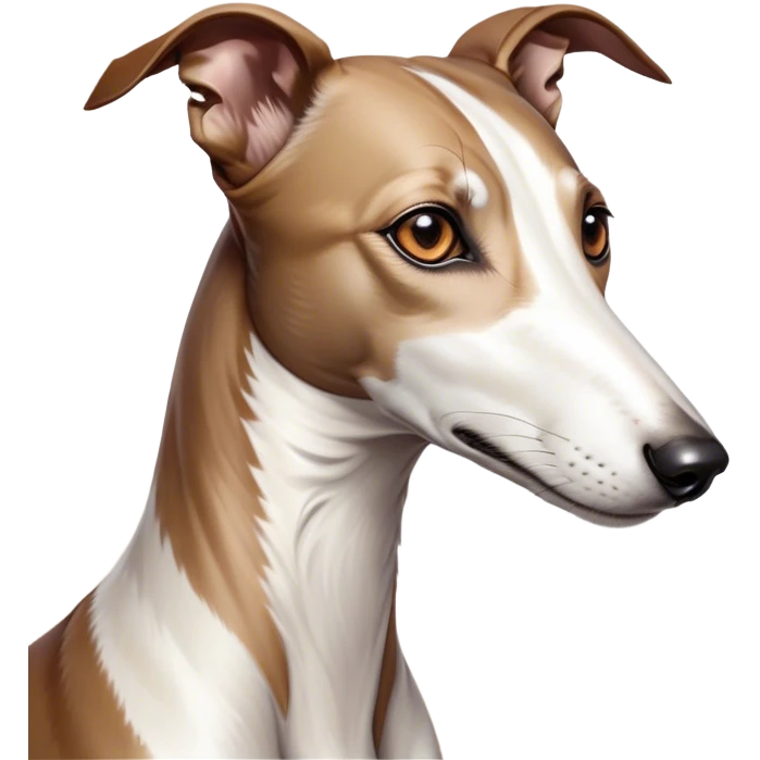 Cinematic Noble White and Brown Greyhound Portrait Emoji, Poised and regal, with a slender, aerodynamic build and a sleek Fur of pristine white accented by warm brown markings, deep-set soulful eyes, Simplified yet sharp and sophisticated features, highly detailed, glowing with a soft, dignified glow, high shine, intelligent and agile, stylized with an air of elegance, focused and attentive, soft glowing outline, capturing the essence of a watchful and swift companion, so majestic it feels as though it could dash out of the screen with effortless authority! emoji