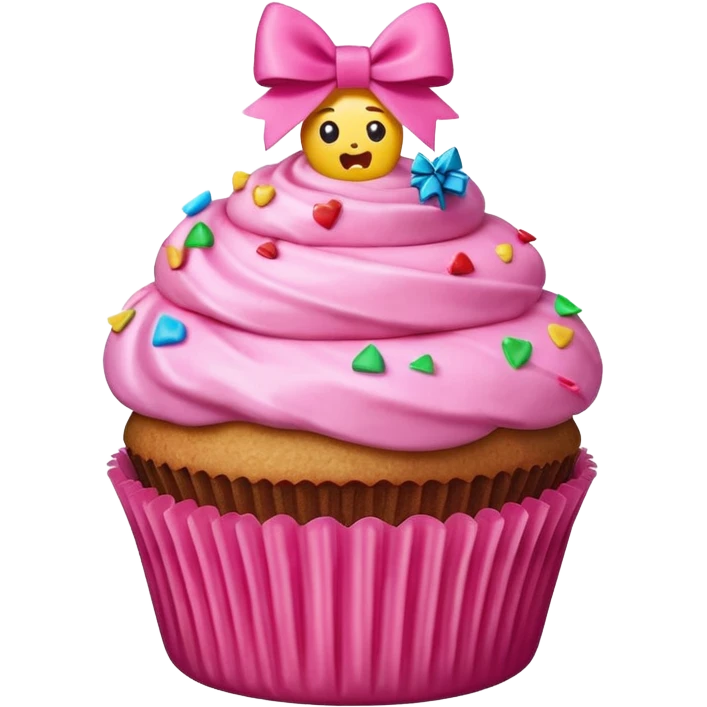 hyper realistic emoji of a bitten cupcake with pink frosting and a small gift bow on top, bitten part showing surprise filling like confetti or a tiny present, clean colorful emoji-style design emoji