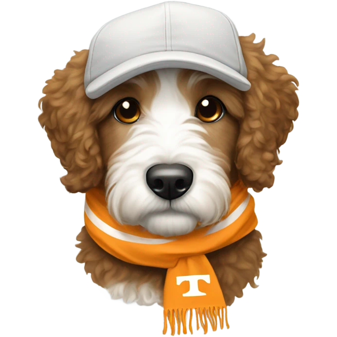 Bernedoodle with University of tennessee hat and scarf emoji