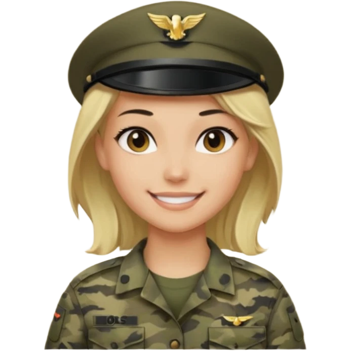 Apple-style emoji: female soldier, bust, no cap/helmet, friendly smile, generic camo top, blonde  black color hair emoji