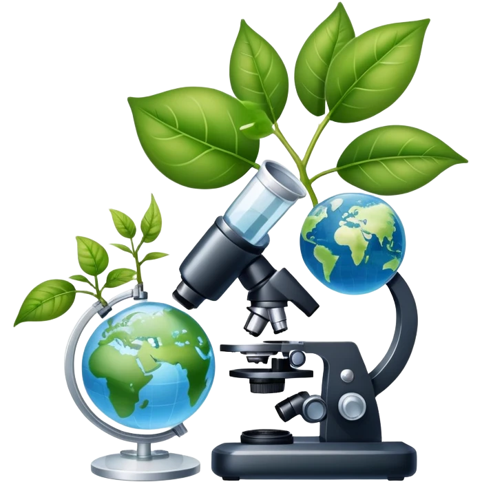 An icon featuring a DNA helix, a microscope, and a plant leaf, symbolizing biology. The design includes animal cells, a test tube, and a globe, representing the study of life forms, ecosystems, and genetics. Transparent background highlights the exploration of living organisms. emoji